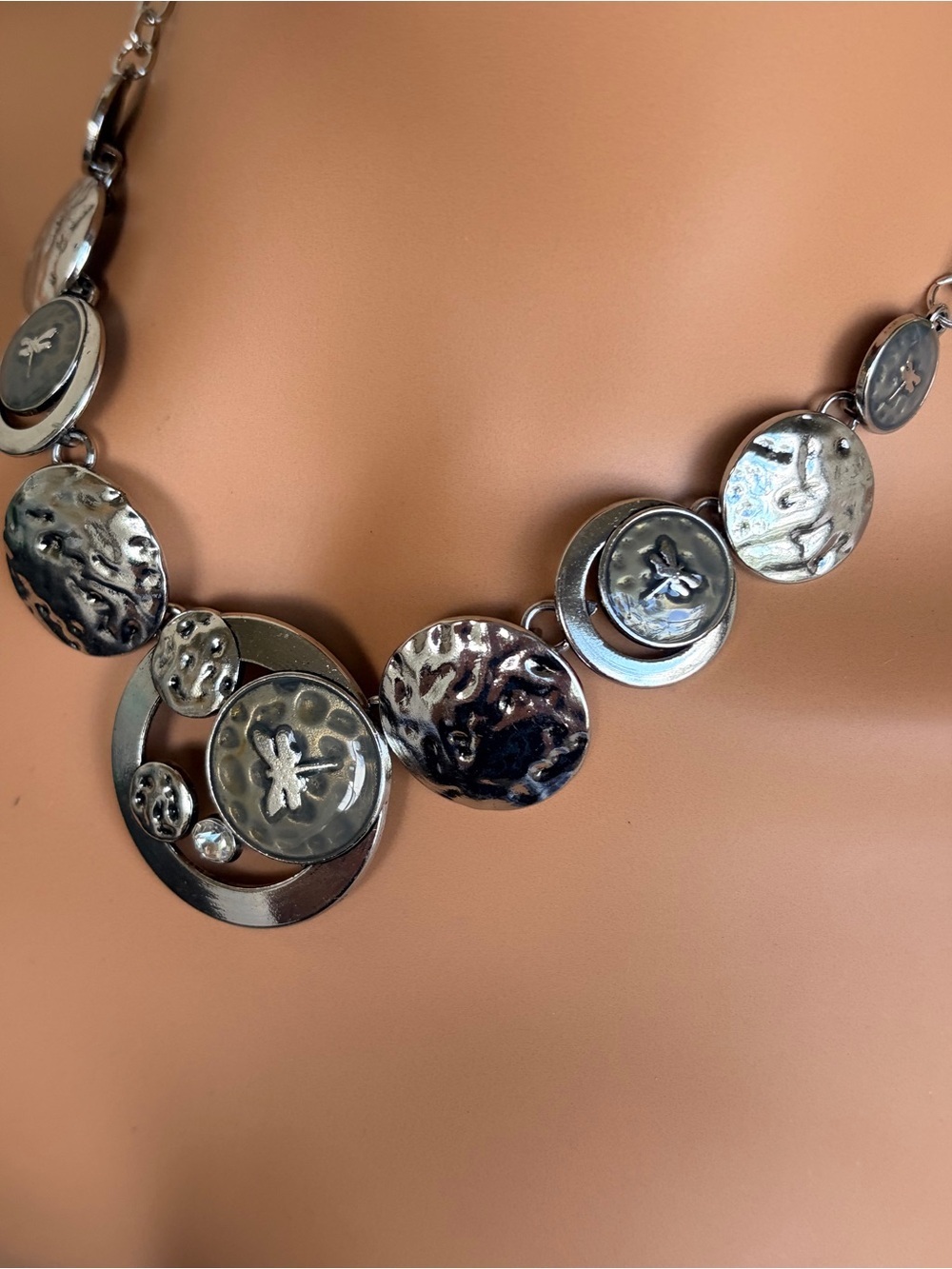 Whimsical Hammered Silver-Tone Disc Statement Necklace With Dragonfly Accents